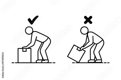 Illustrative diagram contrasting correct and incorrect manual lifting techniques for workplace safety high quality professional detailed
