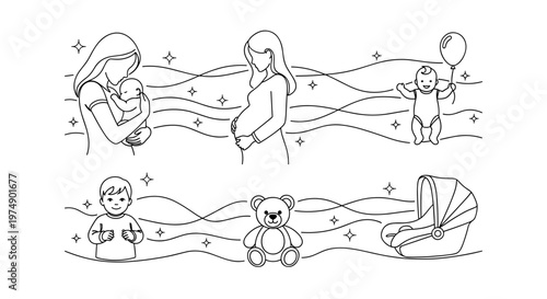 Collection of line art illustrations depicting pregnancy motherhood newborn baby toddler teddy bear and car seat