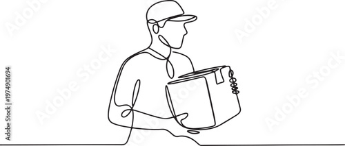 continuous single line drawing of delivery person holding parcel. One line draw graphic design vector