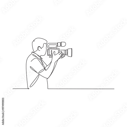 Continuous line drawing of a videographer operating a professional camera