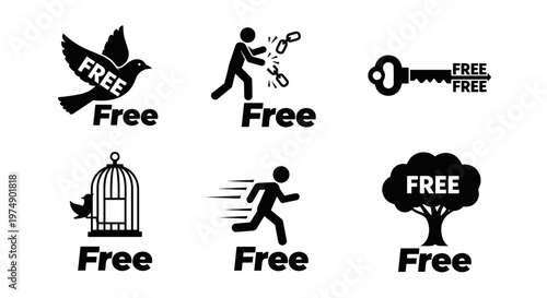 Collection of black silhouette icons representing freedom and release a bird flying from a cage a person breaking