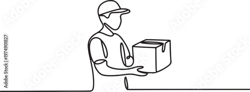 continuous single line drawing of delivery person holding parcel. One line draw graphic design vector