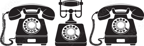 Vintage rotary telephones in classic black and white illustration style