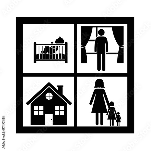 Conceptual illustration of family life stages showing a crib parent by window house and mother with child