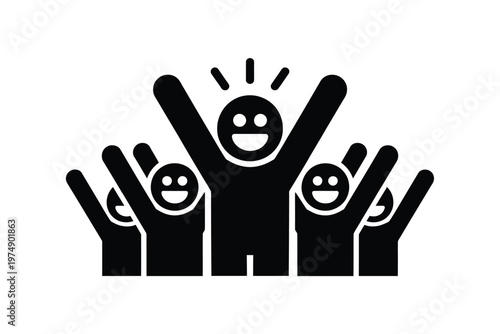A simple black and white illustration depicts a group of people celebrating with raised arms