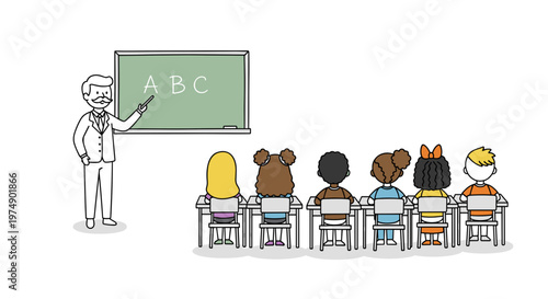 Diverse young students attentively learning alphabet abcs from a friendly male teacher at a blackboard in a bright