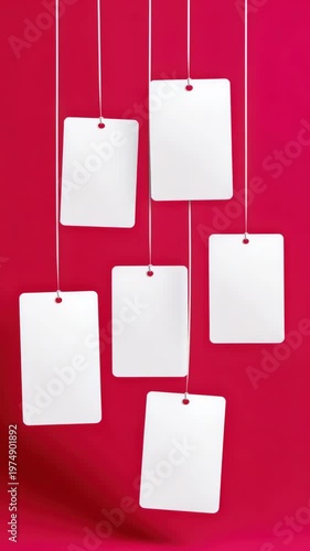 Swinging blank price tags against a red background