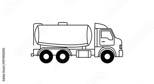 Outline illustration of a tanker truck with a large cylindrical tank designed for liquid transport on a white