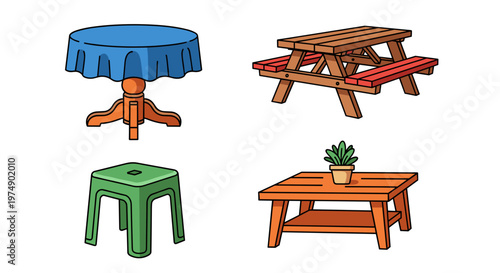 Collection of four distinct wooden and plastic furniture pieces including a round table with a blue cloth a picnic
