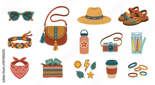 Set of attendee essentials for a music festival such as camera, hat, and bag