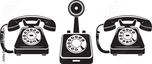 Vintage rotary telephones with different designs displayed in monochrome