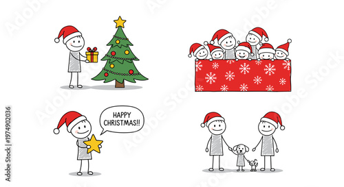 Charming stick figure family celebrating christmas with decorated tree gifts star and festive greetings conveying