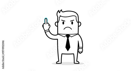 Angry businessman in a suit and tie showing middle finger with aggressive expression minimalist line art illustration