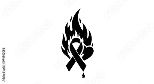 Black awareness ribbon with flame and drip of blood symbolizing struggle suffering and hope for overcoming disease