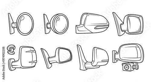 Collection of diverse automotive side view mirrors including classic round and modern aerodynamic designs illustrated