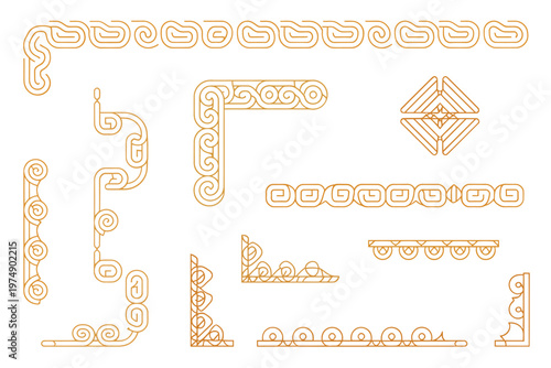 An assortment of intricate golden yellow ornamental designs and borders are displayed on a white background