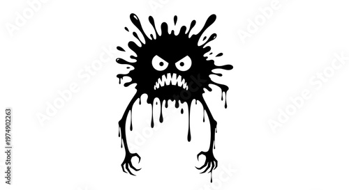 Fearsome black ink blot monster with sharp teeth angry eyes and dripping tentacles isolated on a clean white background