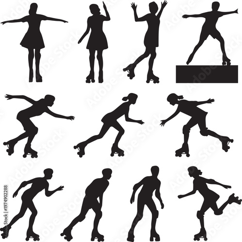 Illustrations of rollerblading poses and techniques for beginners and advanced skaters