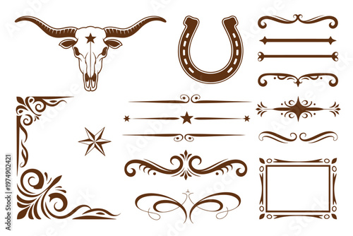 A collection of western themed vector illustrations including a longhorn skull horseshoe and decorative flourishes
