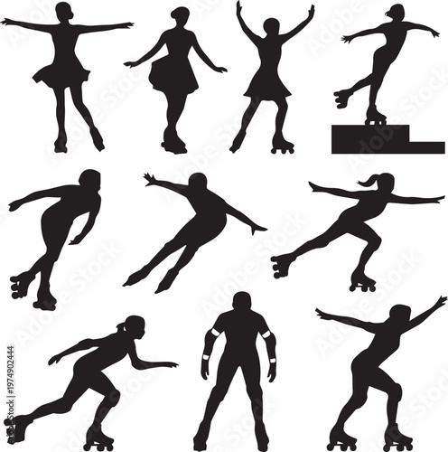 Dynamic roller skating poses and a victory trophy illustration