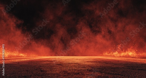 Fiery inferno engulfs a desolate, scorched ground