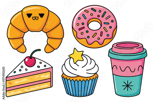 A charming collection of cute colorful pastries and desserts including a croissant and donut high quality
