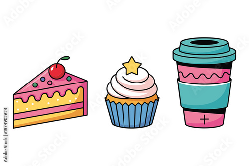 A colorful cartoon illustration depicts a slice of cake a cupcake and a stacked to go cup