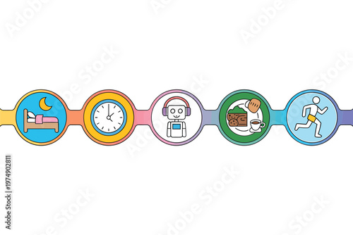 A colorful illustration depicts a sequence of daily activities sleep time music food and exercise