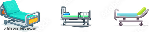 A sleek, unbranded hospital bed with a teal mattress and grey metal rails stands on wheels against a pure white background, exuding simplicity and functionality in its clean, flat vector design