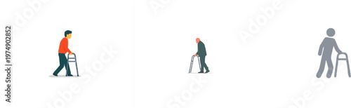 A solitary figure in a red sweater and blue pants uses a simple grey walking frame against a stark white background, evoking themes of mobility and support for the elderly or disabled