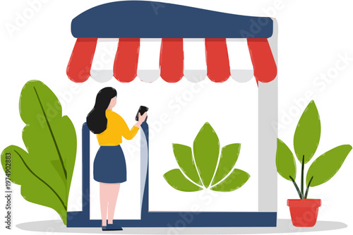 A person uses their smartphone to find a local wellness center with a lotus icon on the door, surrounded by lush greenery