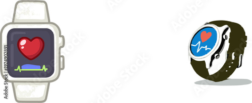 A minimalist smartwatch displays a red heart rate and blue steps counter on its white face against a clean white background