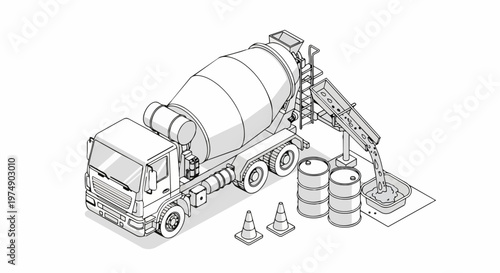 Isometric Cement Mixer Truck Pouring Concrete, Construction Vehicle Line Art Illustration for Industrial Design and Educational Use