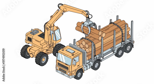 Isometric Logging Truck and Loader Illustration Loading Timber Logs for Forestry Industry and Wood Transport