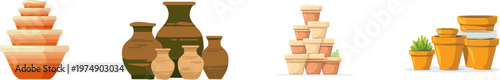 A minimalist stack of terracotta pots in various sizes is depicted against a pure white background, showcasing sharp clean contours with warm colors