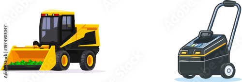 A minimalist yellow electric garden shredder with sharp clean contours stands on a white background, ready to transform waste into compost efficiently