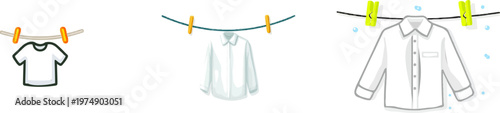 A minimalist laundry scene features a white shirt hanging on a clothesline with two yellow clothespins against a pure white background