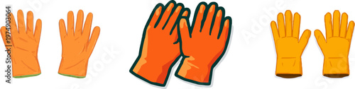 A pair of bright orange rubber gardening gloves lies flat on a pure white background, showcasing sharp clean contours and vibrant colors in a minimalist 2D graphic style optimized for high precision