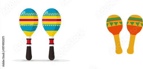 A pair of vibrant maracas with geometric patterns in blue, yellow, red, and white stands out against a pure white background for Cinco de Mayo celebrations