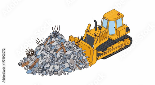 Isometric Yellow Bulldozer Clearing Construction Rubble and Debris