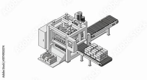 Industrial Concrete Block Making Machine Isometric Technical Drawing with Conveyor Belt and Automated Production Line