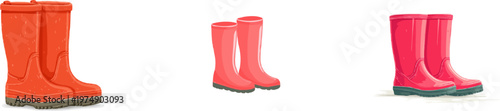A pair of vibrant red rubber rain boots with sharp clean contours stands on a pure white background, showcasing minimalist design elements optimized for high precision vector auto tracing