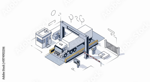 Isometric Illustration of an Automated Truck Inspection Checkpoint for Logistics and Border Security