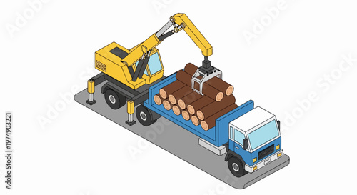 Isometric Illustration of a Logging Truck Being Loaded with Timber Logs by a Crane. Timber Industry and Forestry Transportation Vector Art.