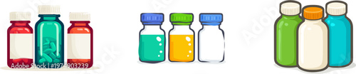 A simple flat vector illustration depicts three unbranded pill bottles in teal, orange, and white, filled with colorful pills against a clean white background