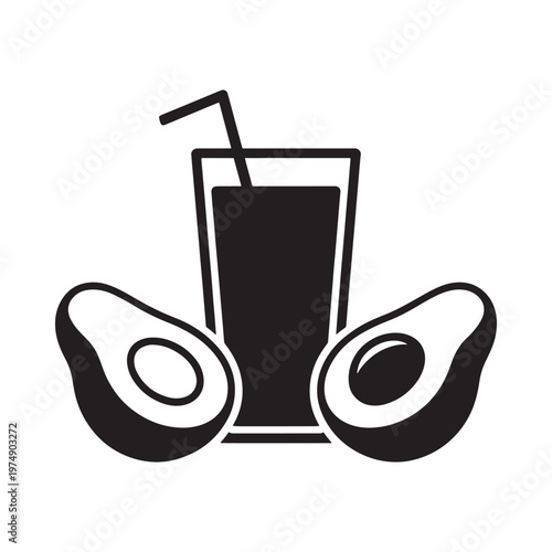 Black and white illustration of an avocado smoothie with halved avocados