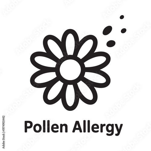 Simple black and white illustration of a flower with pollen and text