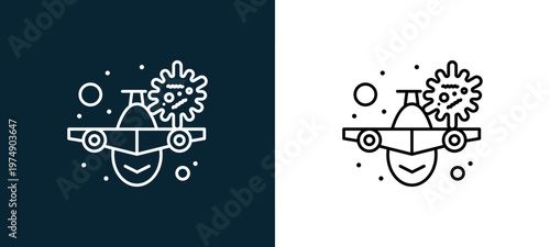Two-color virus transmission outline icon pair in black and white, editable stroke vector illustration for web, mobile apps, UI design, branding, and print from Coronavirus