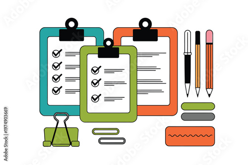 A colorful arrangement of office supplies including clipboards pencils and stationery items high quality professional detailed