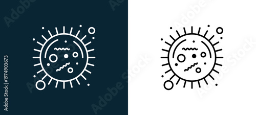 Two-color coronavirus outline icon pair in black and white, editable stroke vector illustration for web, mobile apps, UI design, branding, and print from Coronavirus